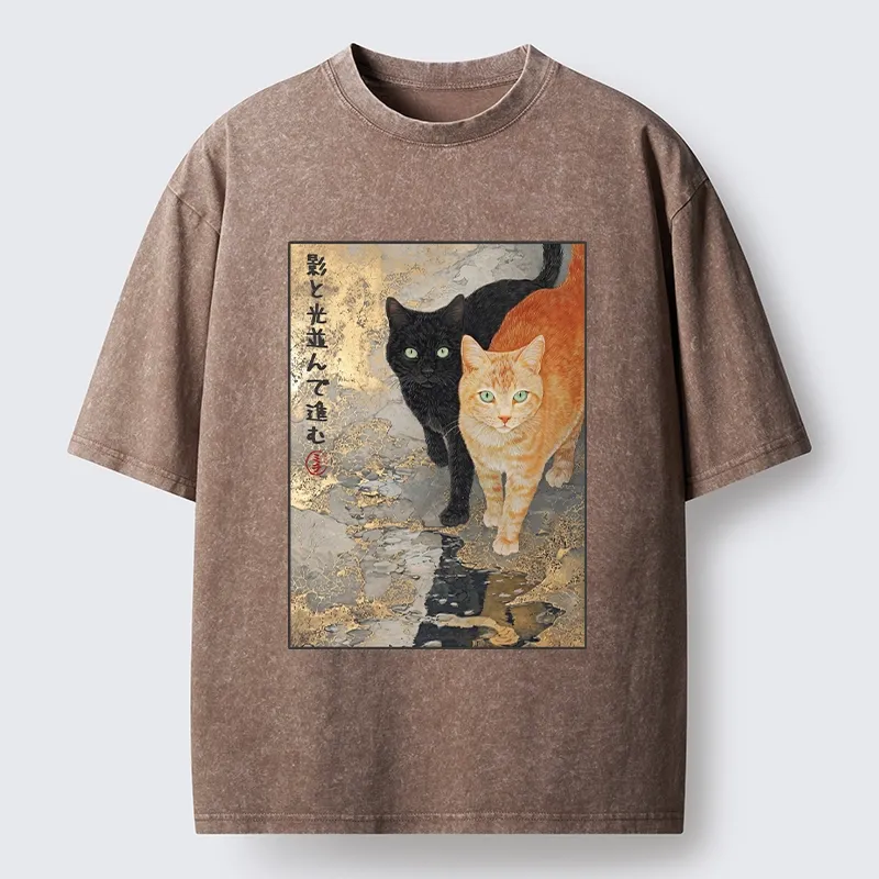 Tokyo-Tiger Japanese Gold Leaf Cat Print Meme Washed T-Shirt