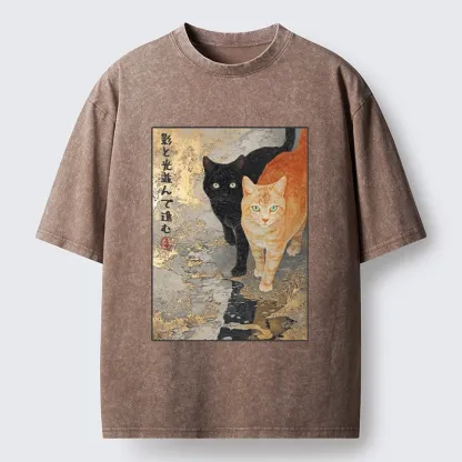 Tokyo-Tiger Japanese Gold Leaf Cat Print Meme Washed T-Shirt