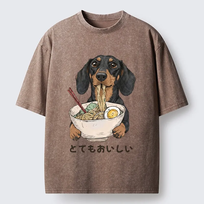 Tokyo-Tiger Cute Dog Eating Noodles Art Meme Washed T-Shirt