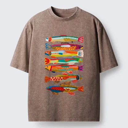 Tokyo-Tiger Colorful Fish Folk Art Print Washed T-Shirt
