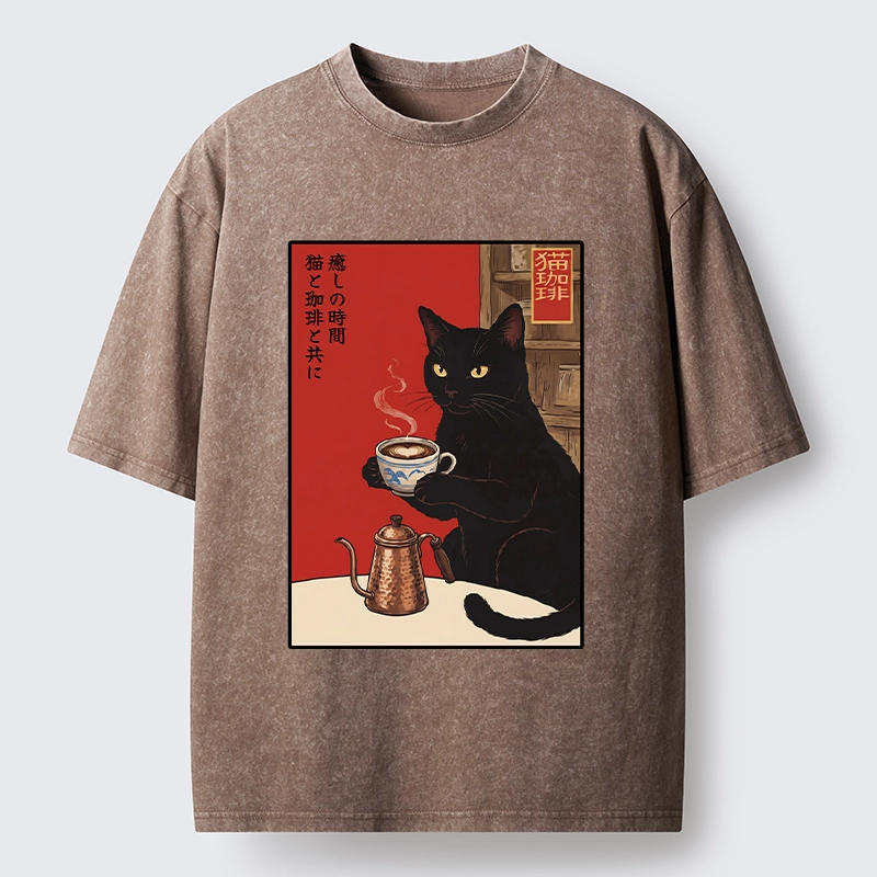 Tokyo-Tiger Cat Coffee Time Japanese Print Washed T-Shirt