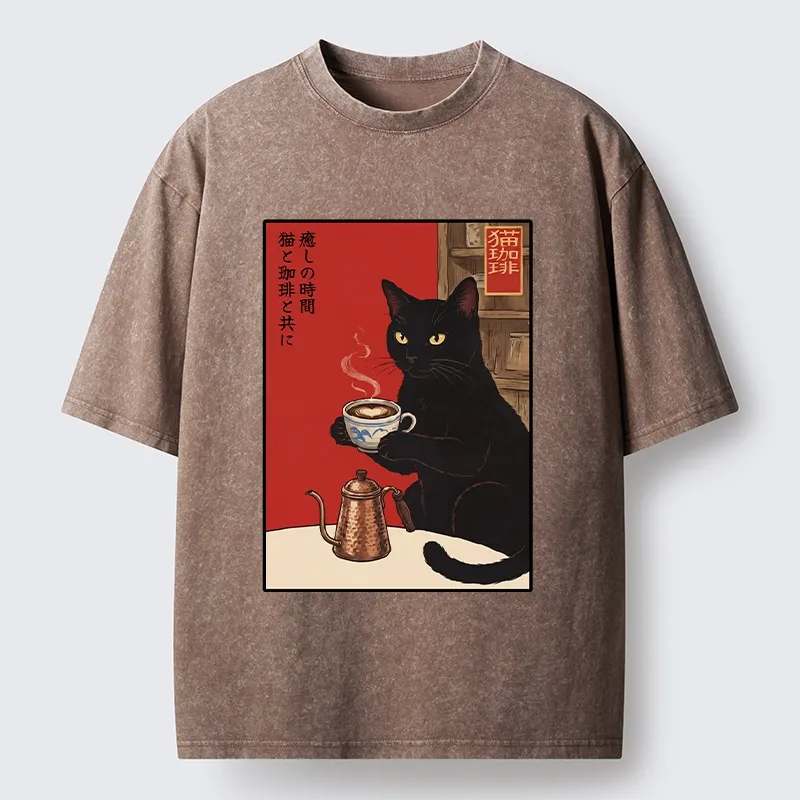 Tokyo-Tiger Cat Coffee Time Japanese Print Washed T-Shirt