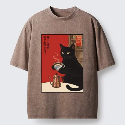 Tokyo-Tiger Cat Coffee Time Japanese Print Washed T-Shirt