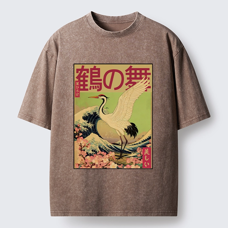 Tokyo-Tiger Japanese Crane And Wave Art Washed T-Shirt