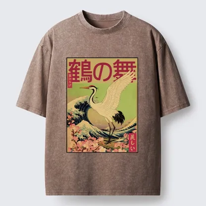Tokyo-Tiger Japanese Crane And Wave Art Washed T-Shirt