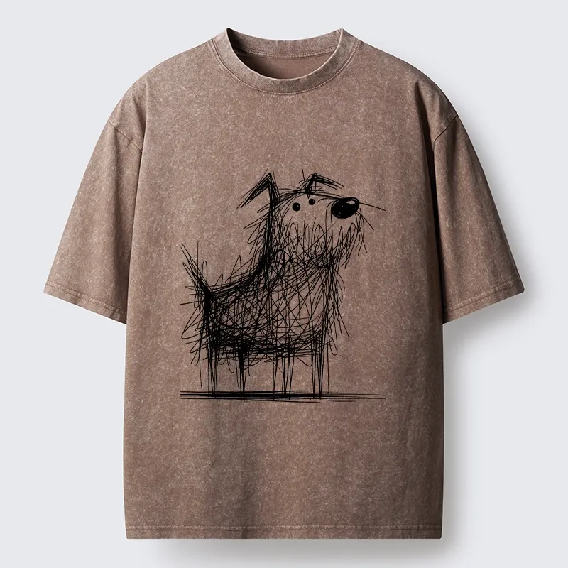 Tokyo-Tiger Cute Scrawled Dog Line Art Washed T-Shirt