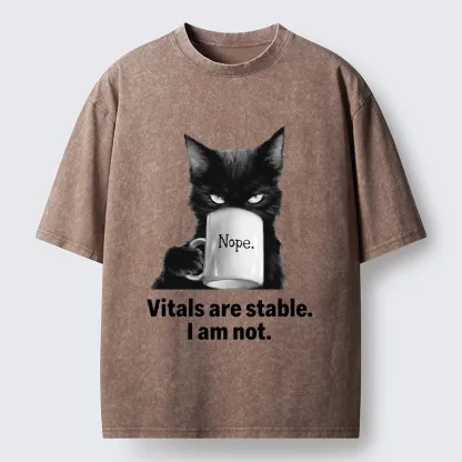 Tokyo-Tiger Grumpy Black Cat Coffee Meme Washed T-Shirt