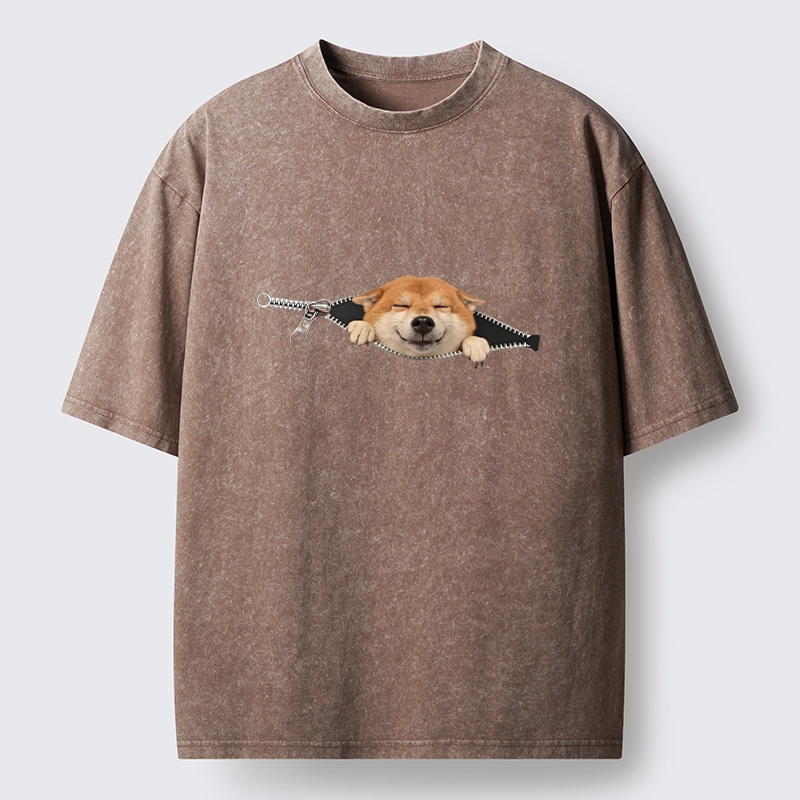 Tokyo-Tiger Cute Shiba Dog In Zipper Washed T-Shirt