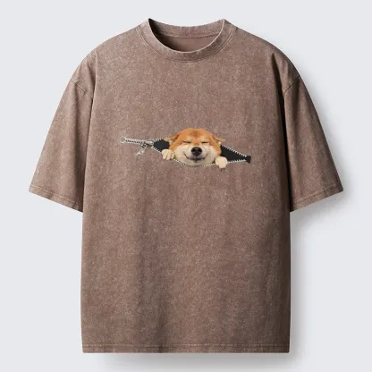 Tokyo-Tiger Cute Shiba Dog In Zipper Washed T-Shirt