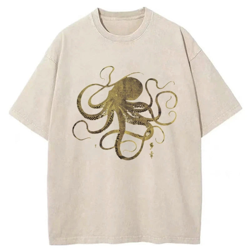 Tokyo-Tiger Octopus Japanese Gold Print Tattoo Washed T-Shirt