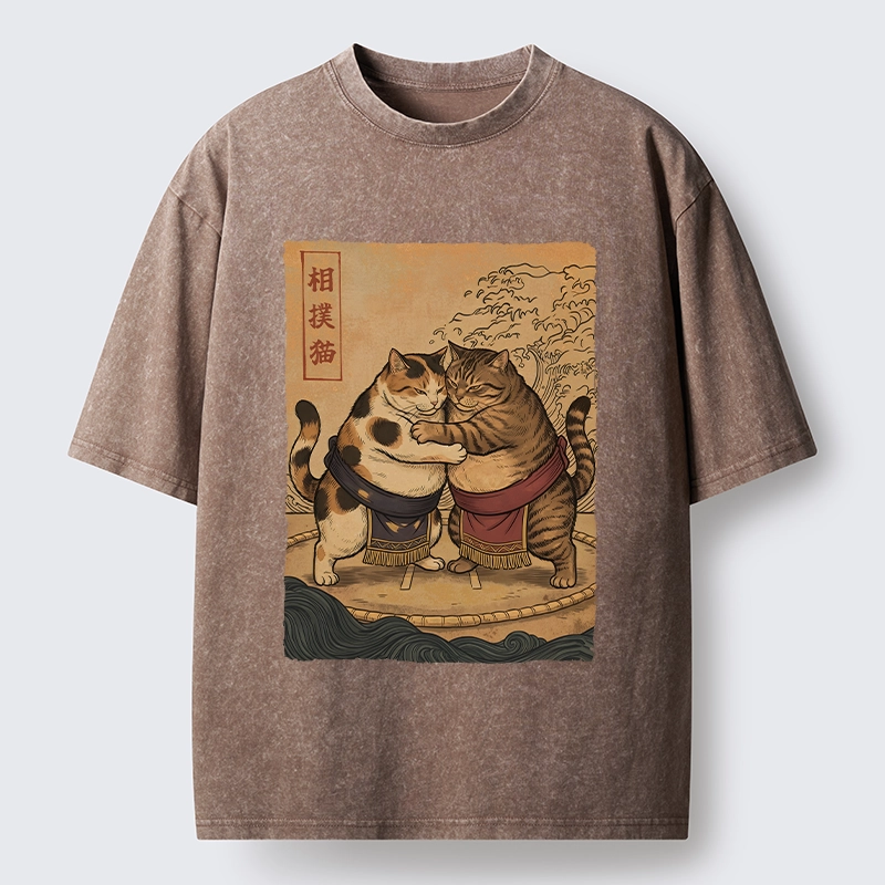 Tokyo-Tiger Sumo Cats Ready To Fight Washed T-Shirt