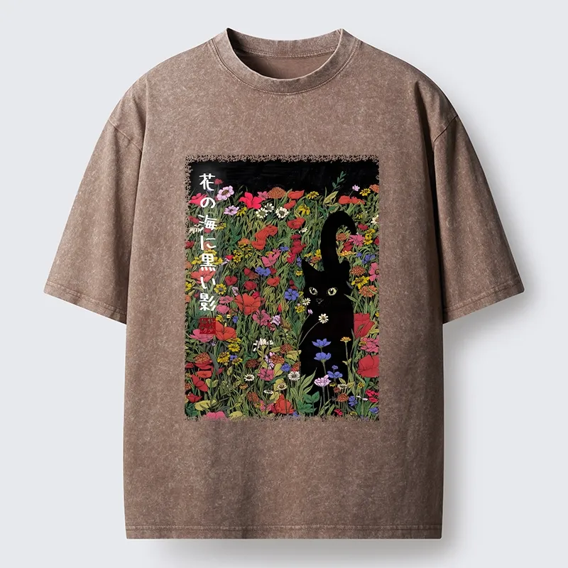 Tokyo-Tiger Black Cat Hiding In Flower Sea Washed T-Shirt