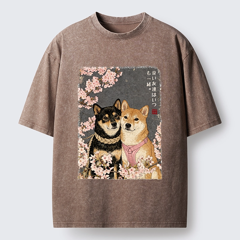 Tokyo-Tiger Two Shibas And Sakura Flowers Washed T-Shirt