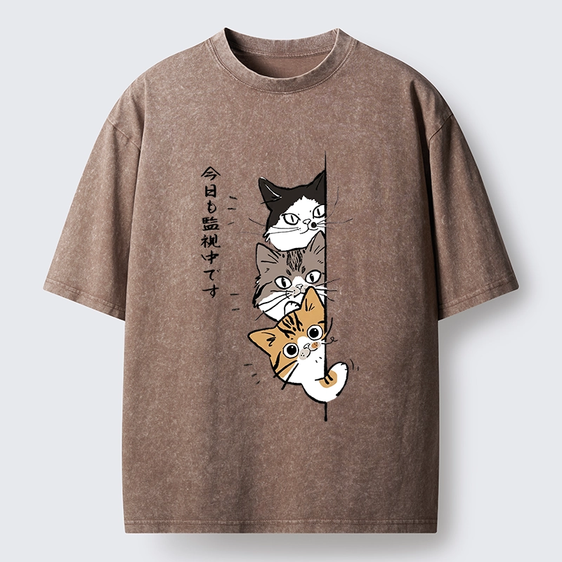 Tokyo-Tiger Funny Cat Surveillance Squad Washed T-Shirt