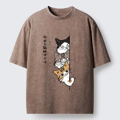 Tokyo-Tiger Funny Cat Surveillance Squad Washed T-Shirt
