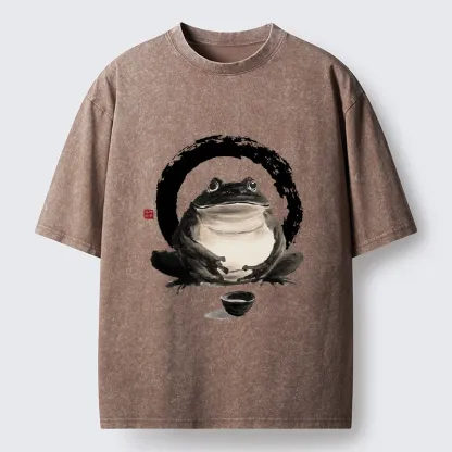 Tokyo-Tiger Zen Frog With A Tea Bowl Washed T-Shirt