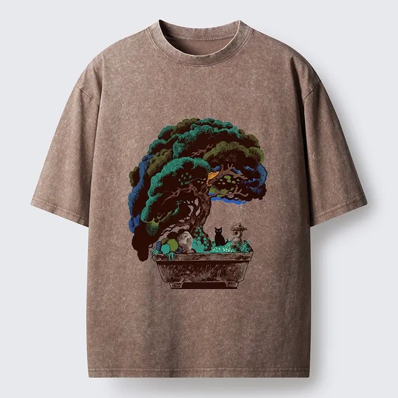 Tokyo-Tiger Black Cat Hiding In A Bonsai Pot Washed T-Shirt