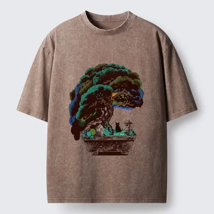 Tokyo-Tiger Black Cat Hiding In A Bonsai Pot Washed T-Shirt