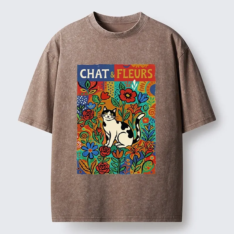 Tokyo-Tiger Colorful Cat And Floral Art Washed T-Shirt
