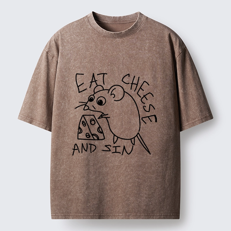 Tokyo-Tiger Cheese Obsessed Mouse Funny Art Washed T-Shirt