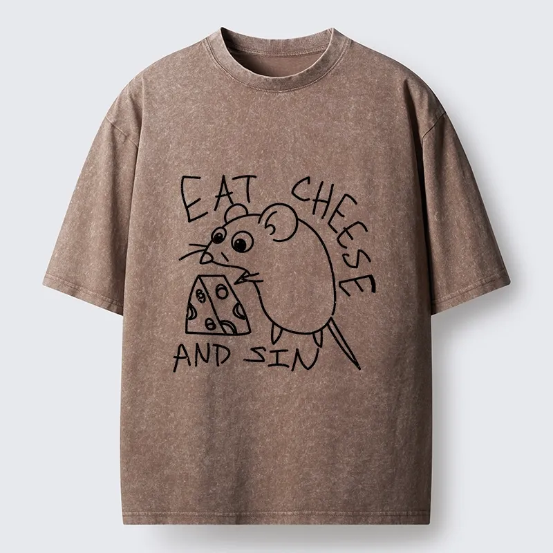 Tokyo-Tiger Cheese Obsessed Mouse Funny Art Washed T-Shirt