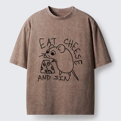 Tokyo-Tiger Cheese Obsessed Mouse Funny Art Washed T-Shirt