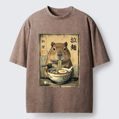 Tokyo-Tiger Capybara Enjoying A Bowl Of Ramen Washed T-Shirt
