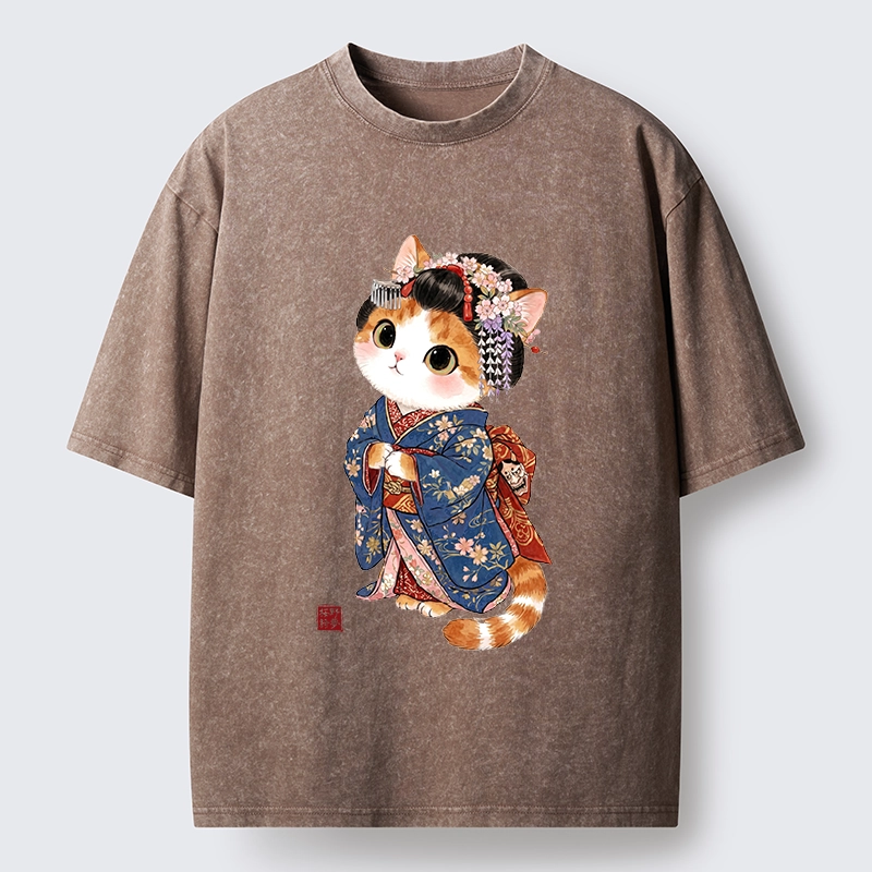 Tokyo-Tiger Cat Dressed As A Geisha Funny Washed T-Shirt