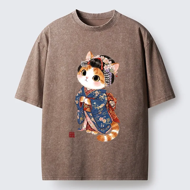 Tokyo-Tiger Cat Dressed As A Geisha Funny Washed T-Shirt