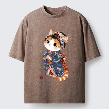 Tokyo-Tiger Cat Dressed As A Geisha Funny Washed T-Shirt
