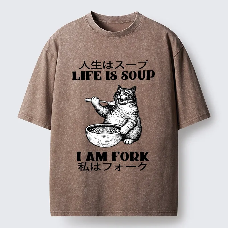 Tokyo-Tiger Cat Eating Soup With A Fork Washed T-Shirt
