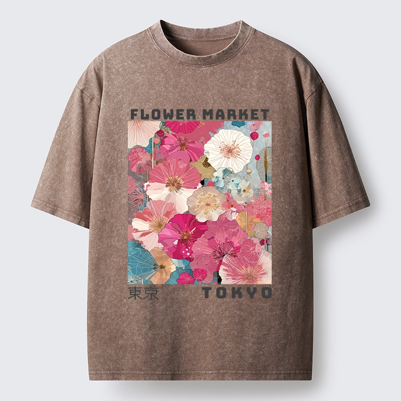 Tokyo-Tiger Market Colorful Floral Art Washed T-Shirt
