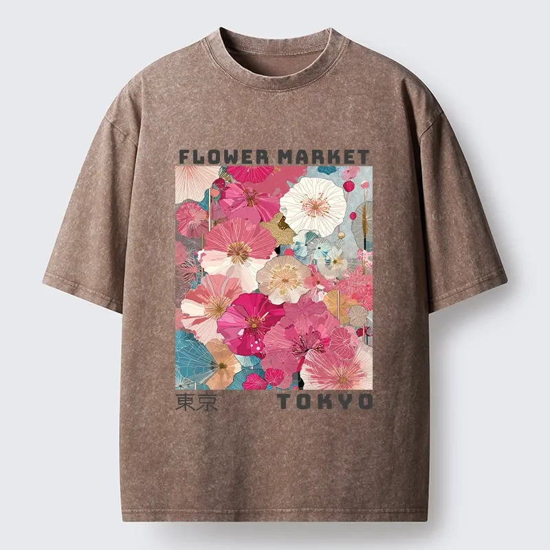 Tokyo-Tiger Market Colorful Floral Art Washed T-Shirt