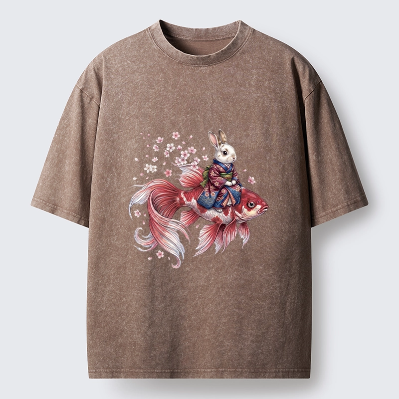 Tokyo-Tiger Japanese Style Rabbit And Koi Fish Washed T-Shirt