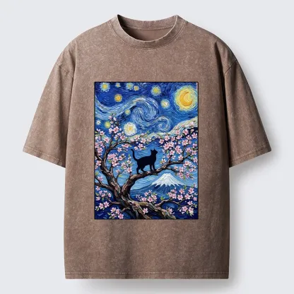 Tokyo-Tiger Van Gogh Style Cat With Mount Fuji Washed T-Shirt