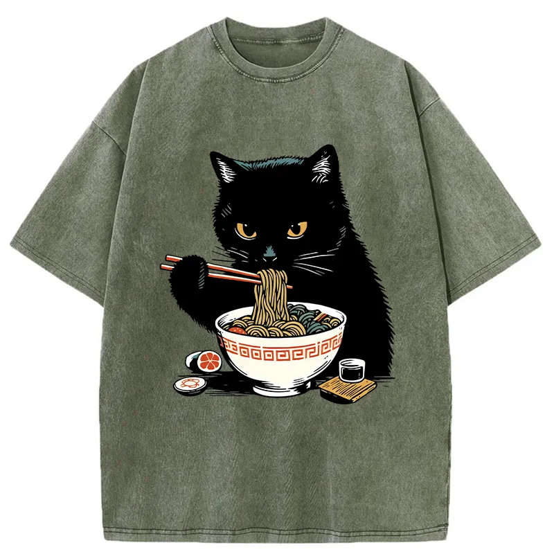 Tokyo-Tiger Cat Eating Favorite Ramen Washed T-Shirt