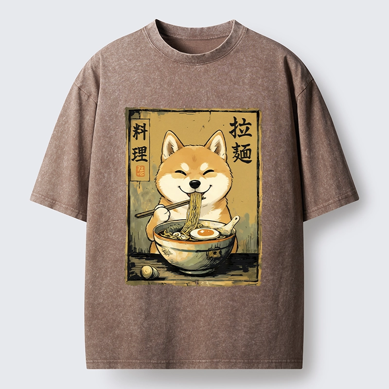 Tokyo-Tiger Happy Shiba Eating Ramen Washed T-Shirt