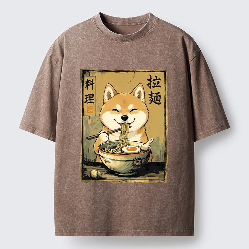 Tokyo-Tiger Happy Shiba Eating Ramen Washed T-Shirt