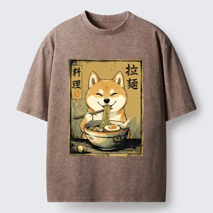 Tokyo-Tiger Happy Shiba Eating Ramen Washed T-Shirt