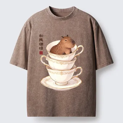 Tokyo-Tiger Japanese Coffee Capybara In A Teacup Washed T-Shirt