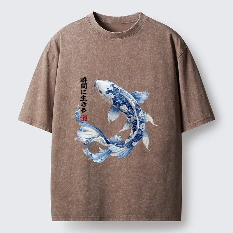 Tokyo-Tiger Blue And White Koi Fish Japanese Art Print Washed T-Shirt