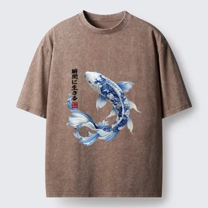 Tokyo-Tiger Blue And White Koi Fish Japanese Art Print Washed T-Shirt
