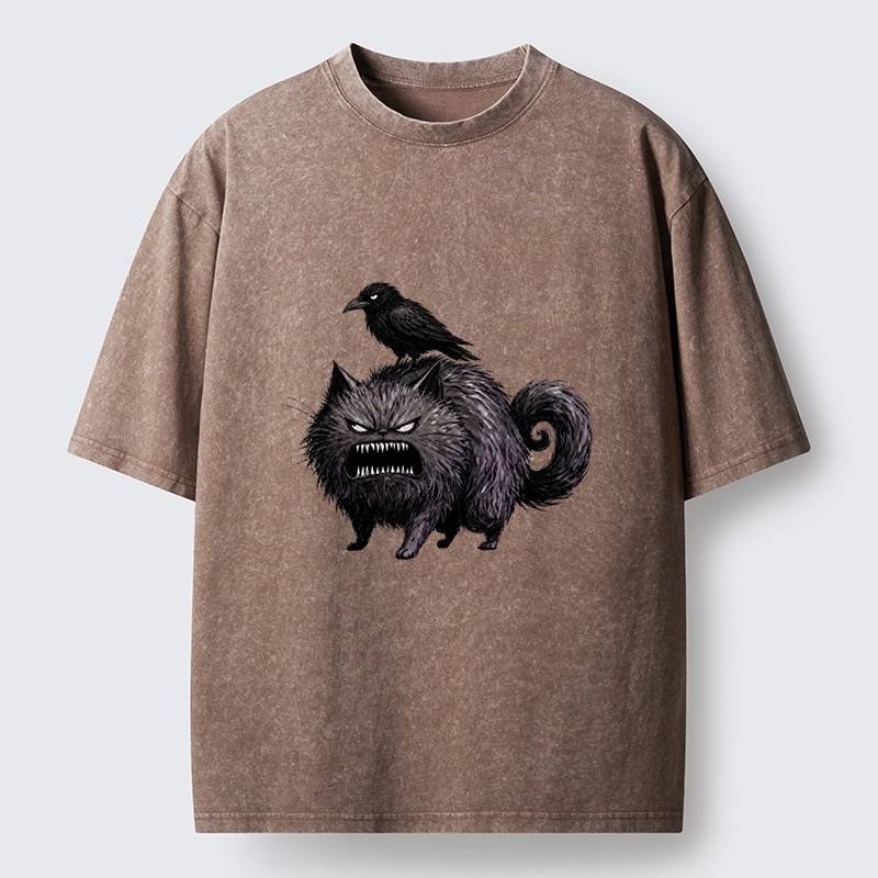 Tokyo-Tiger Angry Black Cat With Crow On Its Back Washed T-Shirt