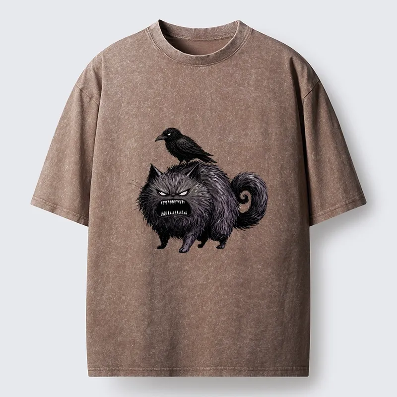 Tokyo-Tiger Angry Black Cat With Crow On Its Back Washed T-Shirt