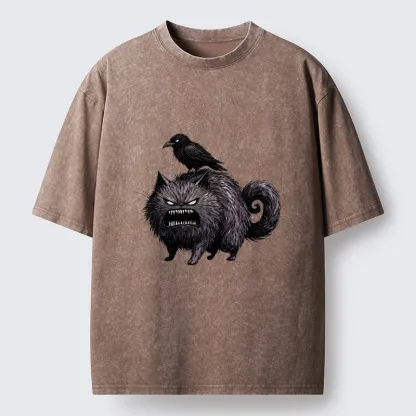 Tokyo-Tiger Angry Black Cat With Crow On Its Back Washed T-Shirt