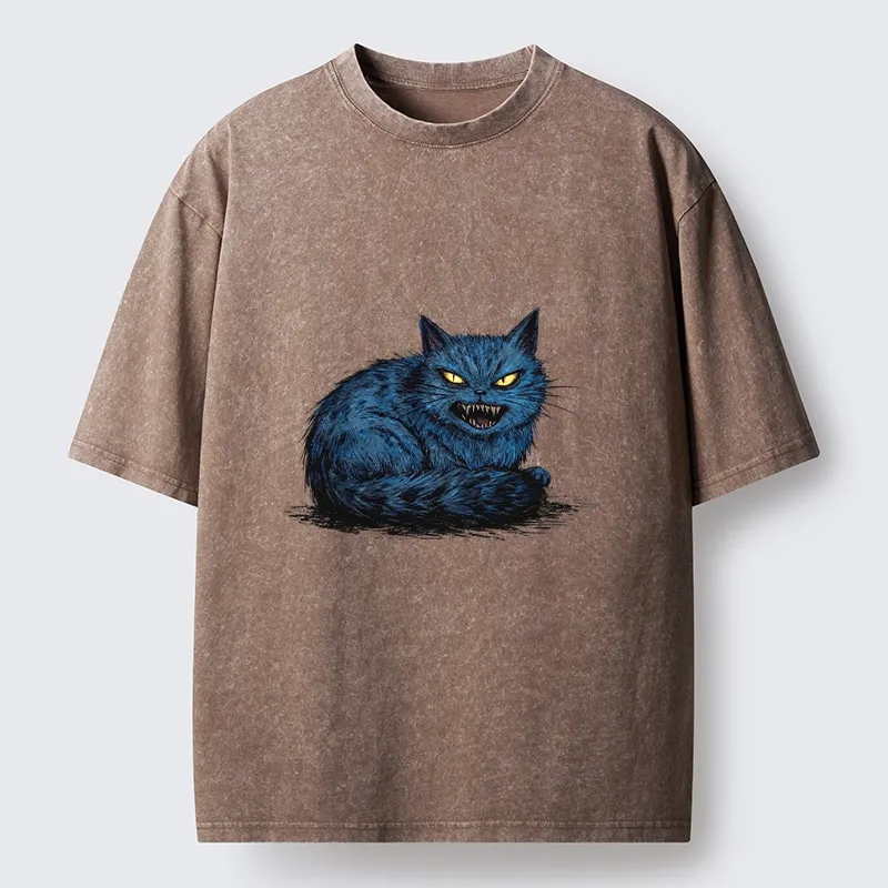 Tokyo-Tiger Fierce Blue Cat With Sharp Teeth Art Washed T-Shirt