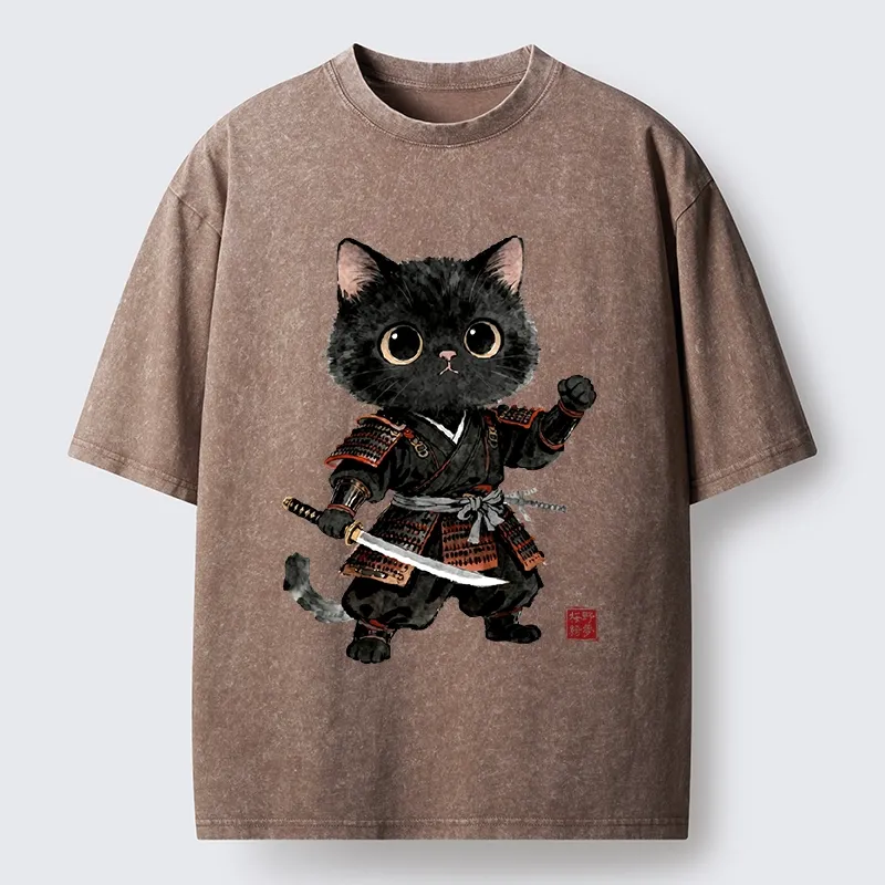 Tokyo-Tiger Samurai Black Cat With Katana Cute Art Washed T-Shirt