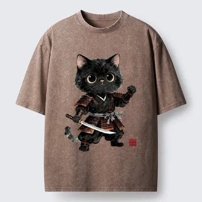 Tokyo-Tiger Samurai Black Cat With Katana Cute Art Washed T-Shirt