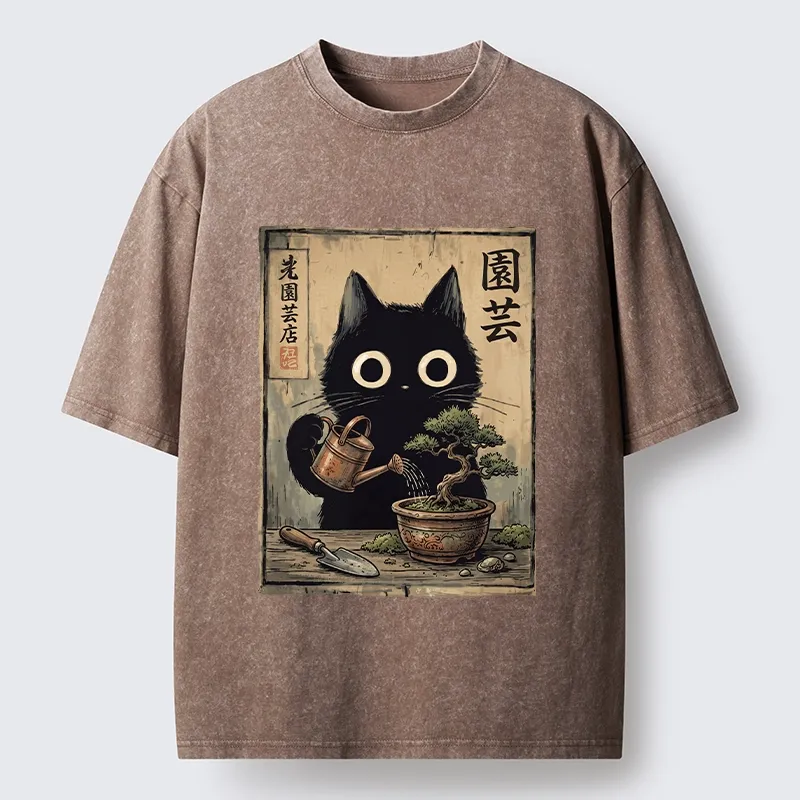 Tokyo-Tiger Black Cat Watering Bonsai Tree Washed T-Shirt
