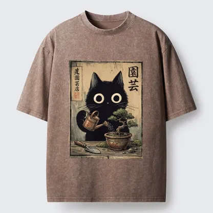 Tokyo-Tiger Black Cat Watering Bonsai Tree Washed T-Shirt